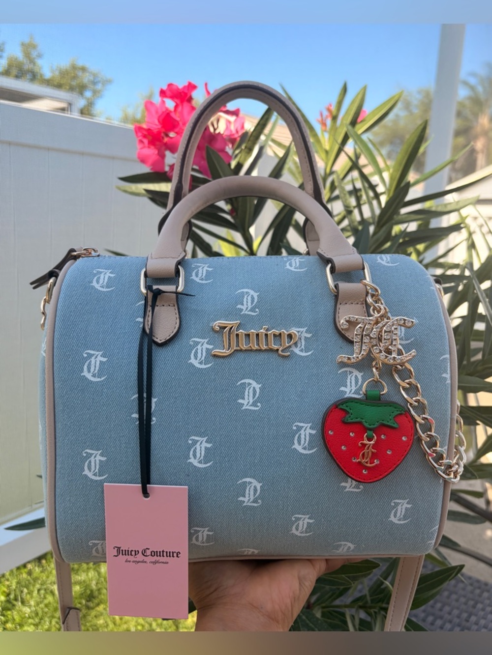 Juicy Couture Denim/ Light Blue Logo Satchel with Strawberry Charm - Picture 3 of 10